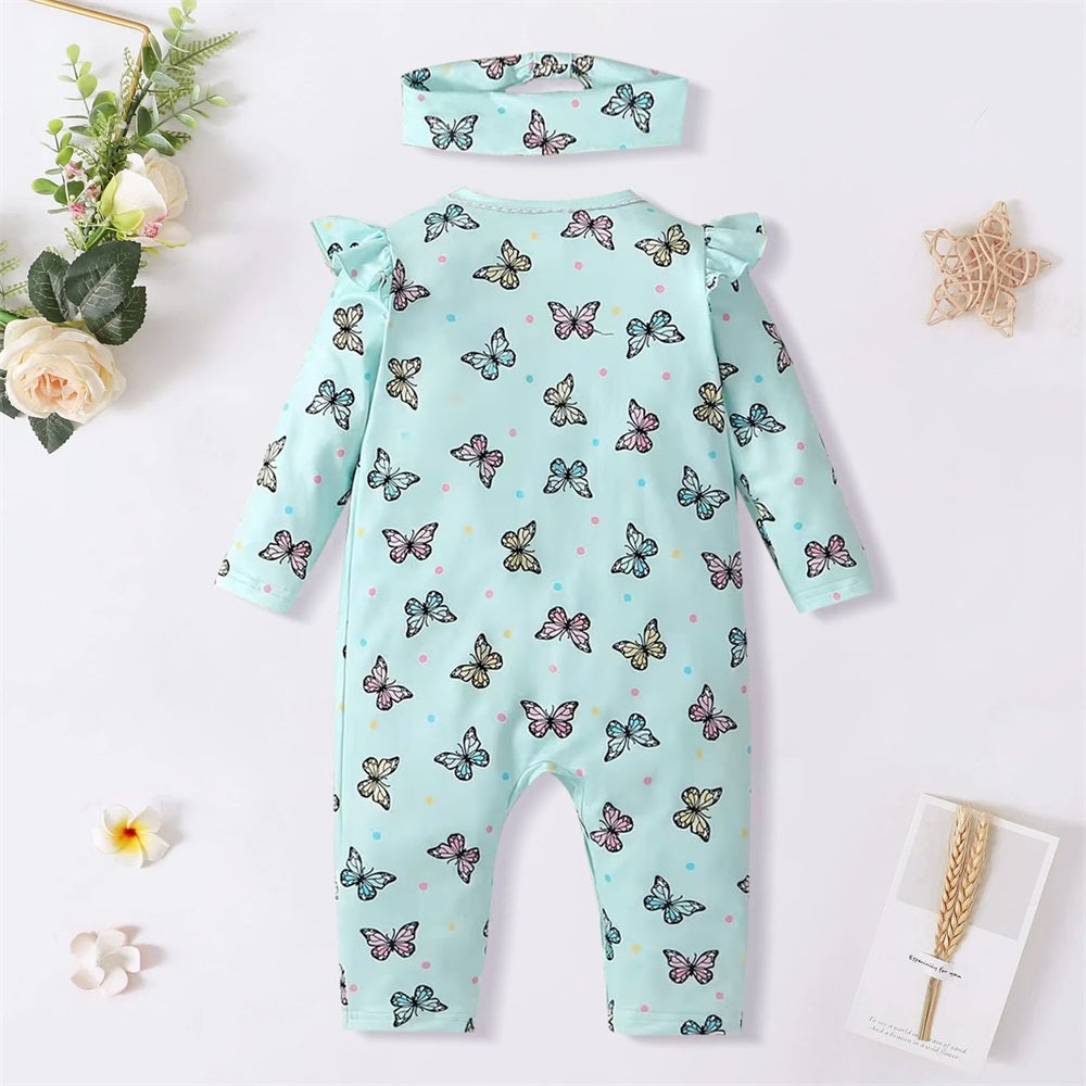 2PCS Comfy Butterfly Print Long Sleeve Baby Jumpsuit