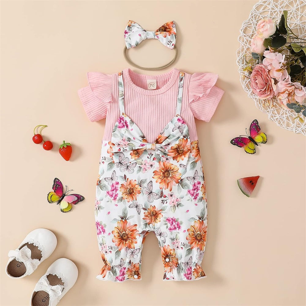 2PCS Trend Floral Printed Bow Short Sleeve Baby Jumpsuit