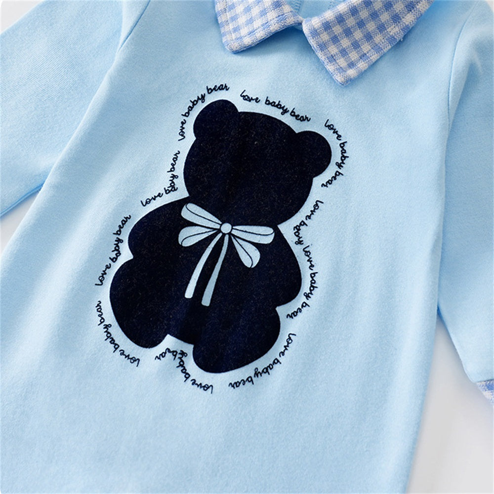 Stylish Bear Print Plaid Long Sleeve Baby Jumpsuit