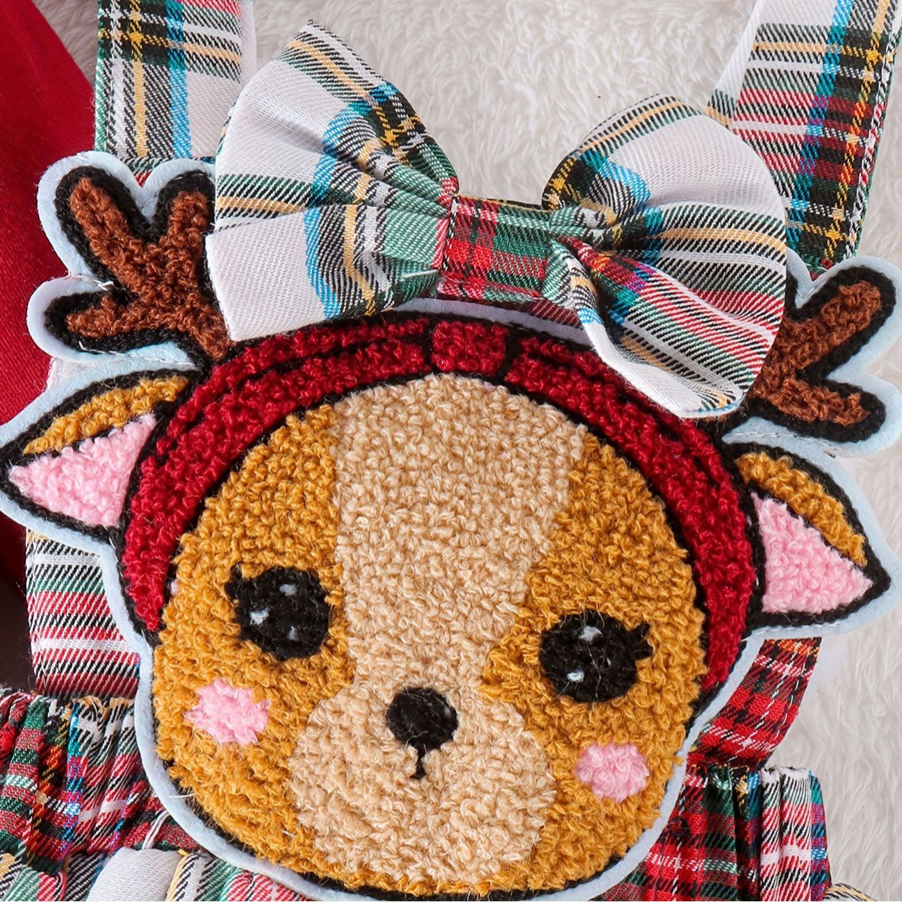 3PCS Lovely 3D Deer Appliqué Plaid Printed Baby Overall Dress Set
