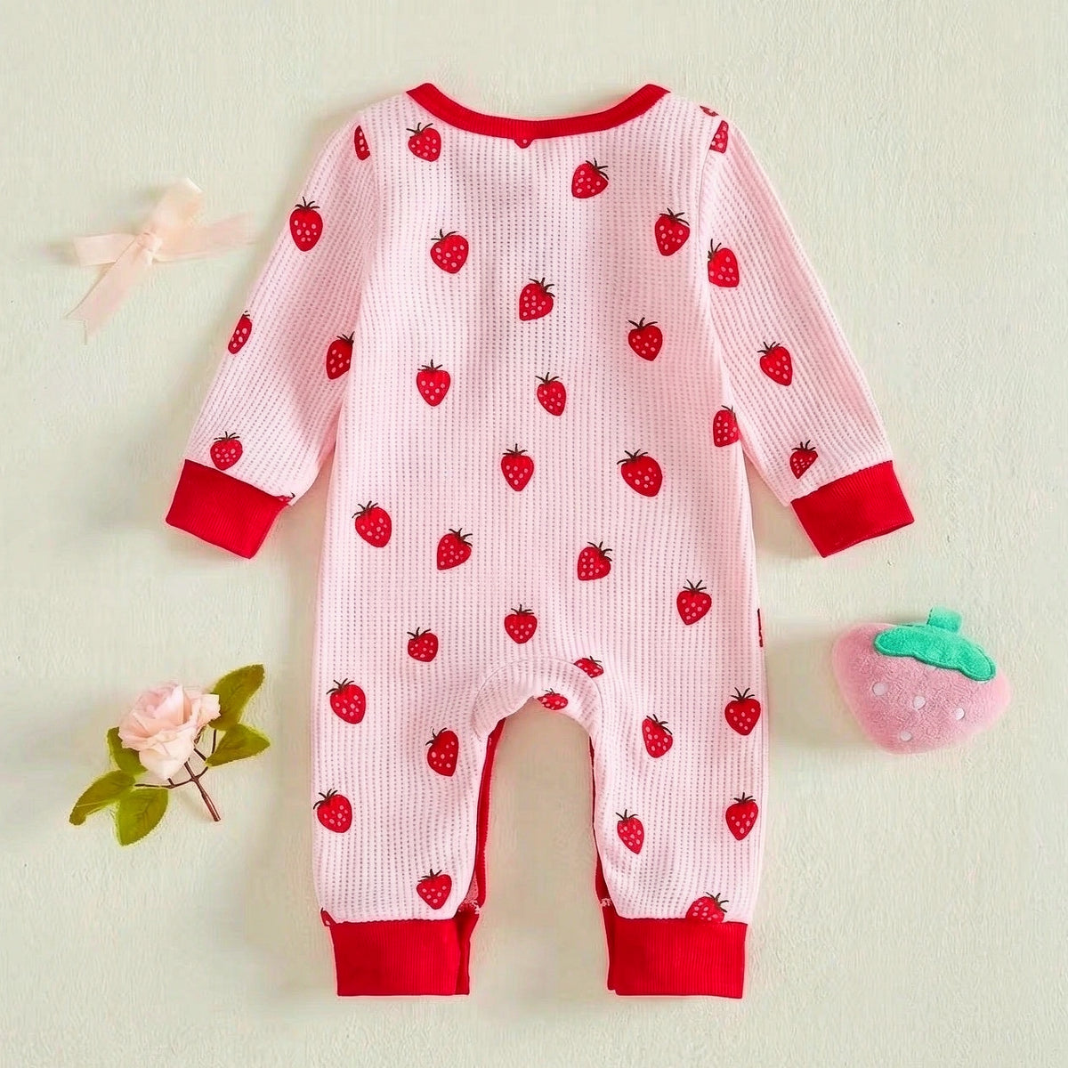 Lovely Strawberry Print Waffle Long Sleeve Baby Girl Jumpsuit