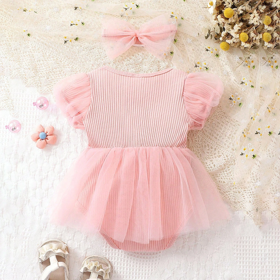 2PCS Elegant Solid Color Baby Romper with Mesh Skirt