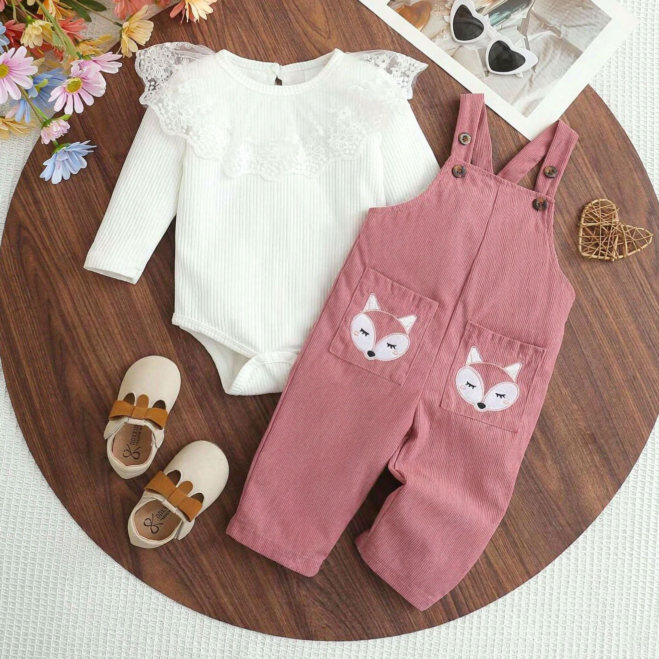 2PCS Sweet Fox Print Long Sleeve Baby Overalls Set