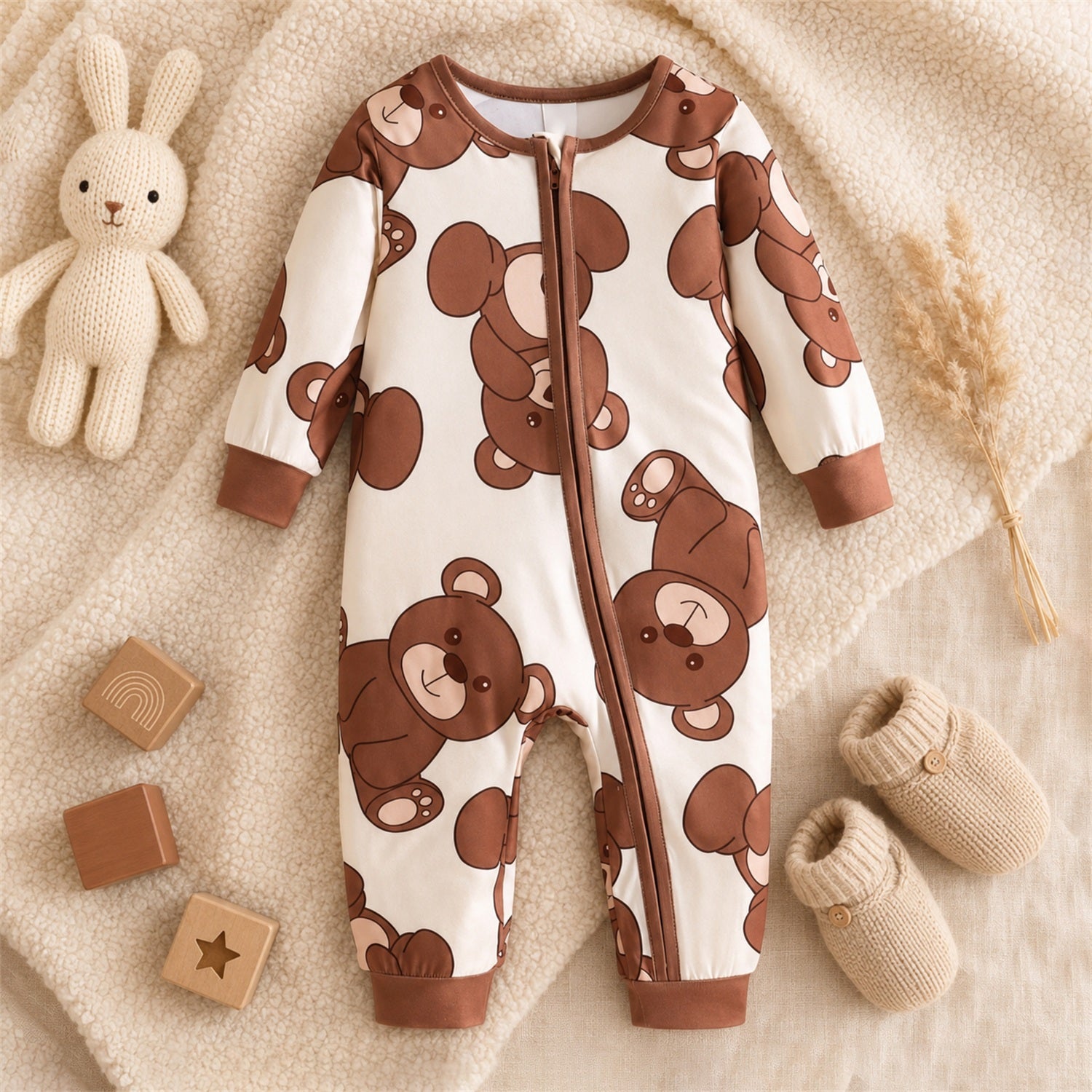 Lovely Teddy Bear Print Zipper Long Sleeve Baby Jumpsuit