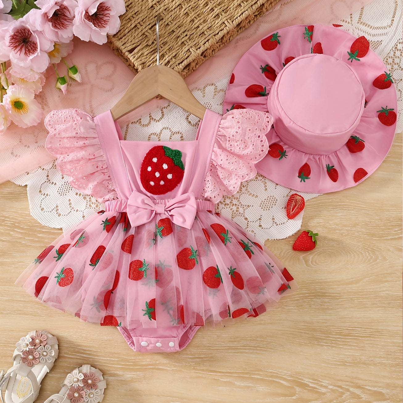 2PCS Strawberry Print Mesh Sleeveless Baby Romper