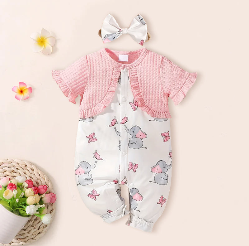 2PCS Lovely Elephant Printed Short Sleeve Baby Jumpsuit