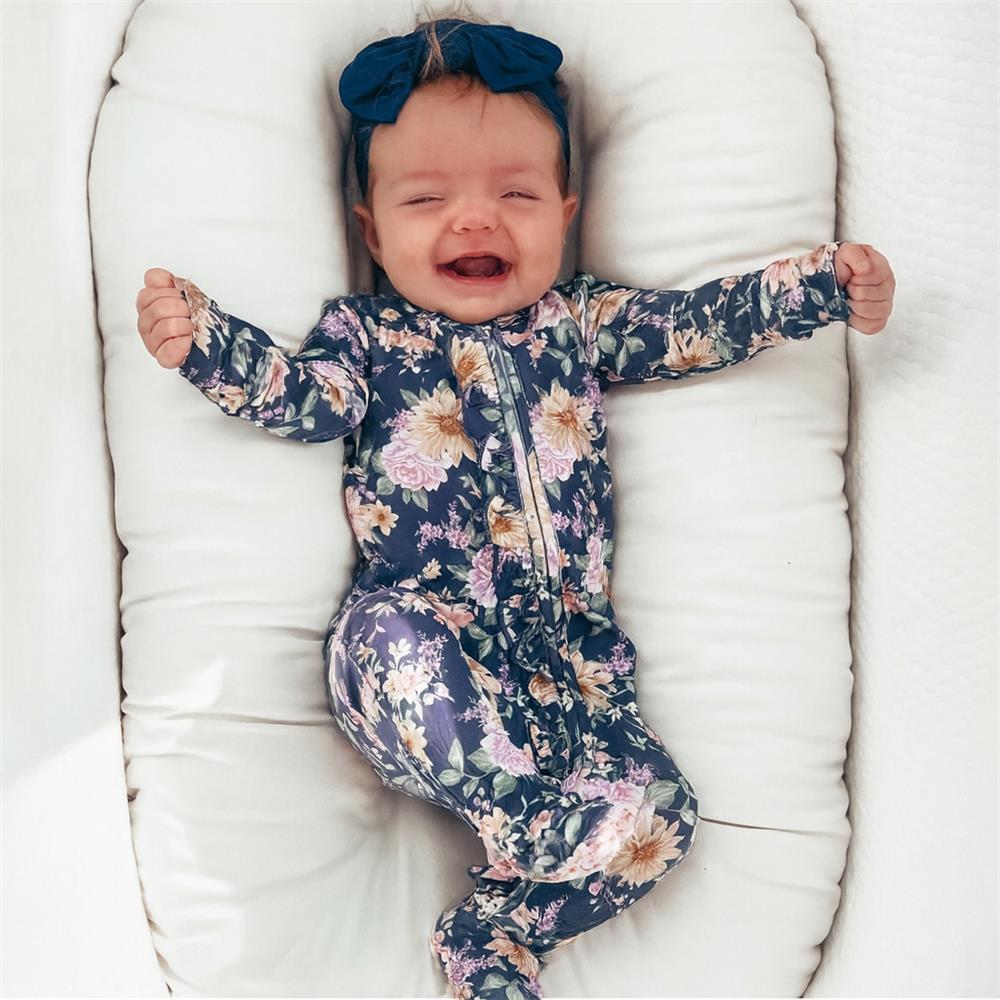 Trend Floral Printed Ruffle Zipper Long Sleeve Baby Jumpsuit