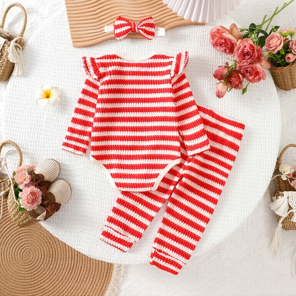 3PCS Vibrant Floral Applique Stripe Print Long Sleeve Knit Baby Set