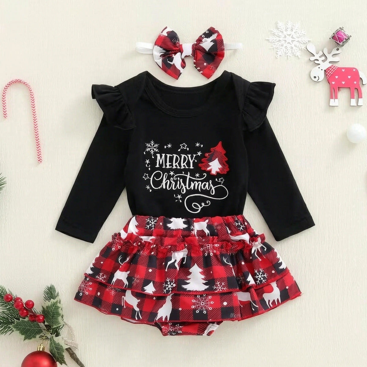 3PCS Merry Christmas Letter Reindeer Plaid Print Long Sleeve Baby Set