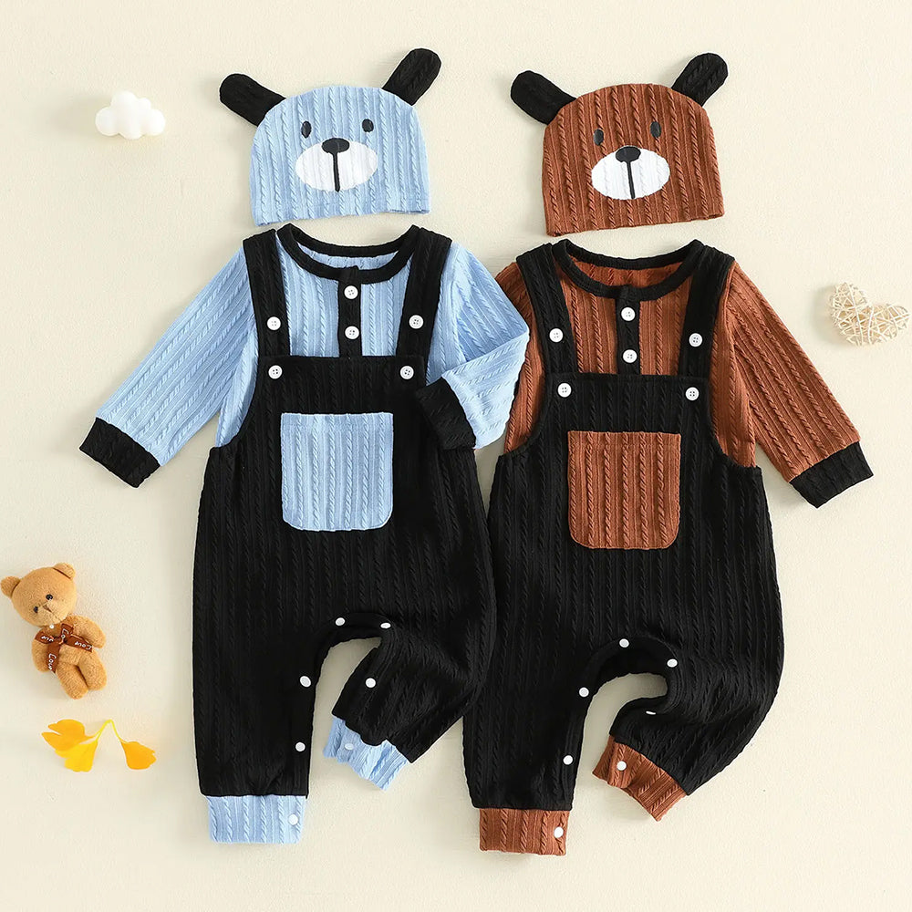 3PCS Cute Bear Print Long Sleeve Baby Overalls Set