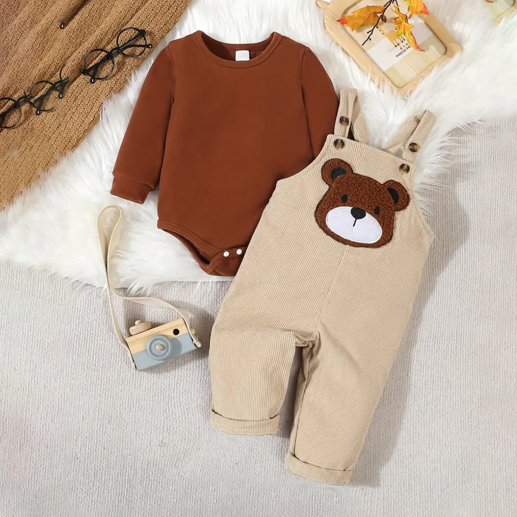 2PCS Cute Bear Embroidery Overalls Baby Set