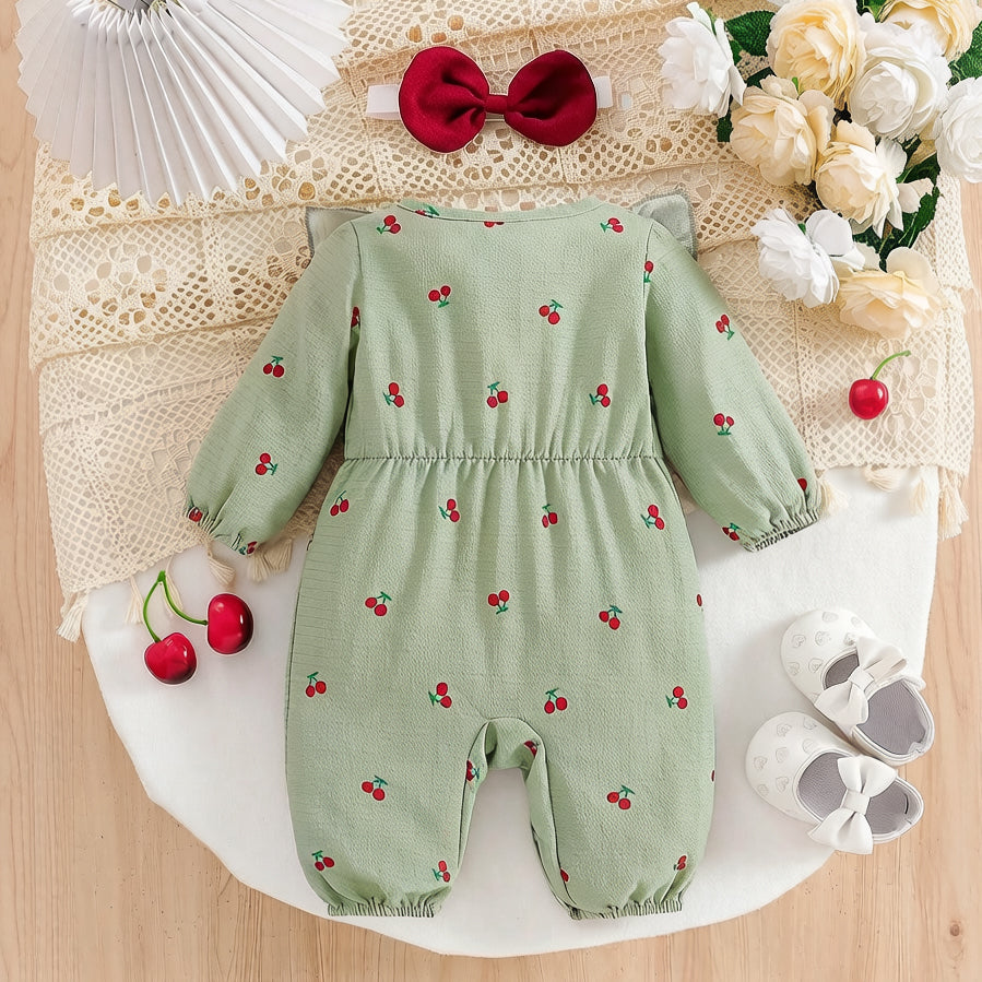 2PCS Fresh Cherry Print Bow Long Sleeve Baby Jumpsuit