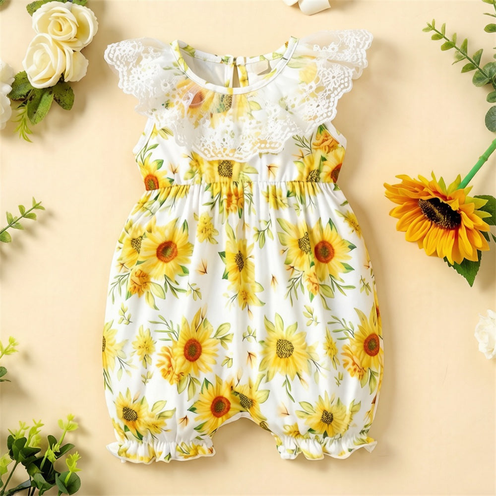 Charming Sunflower Print Flutter Sleeve Baby Jumpsuit