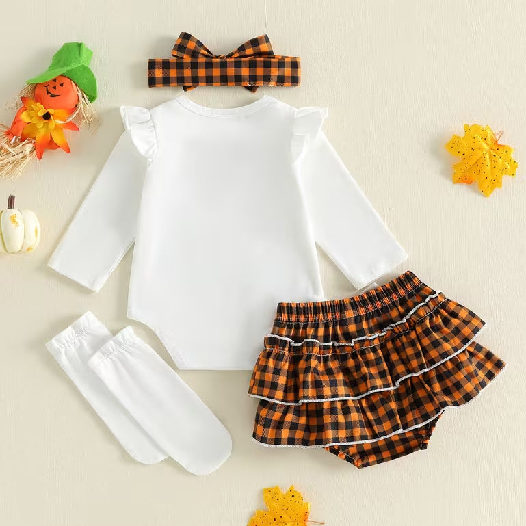 4PCS Cute My 1st Halloween Letter Plaid Printed Long Sleeve Baby Set