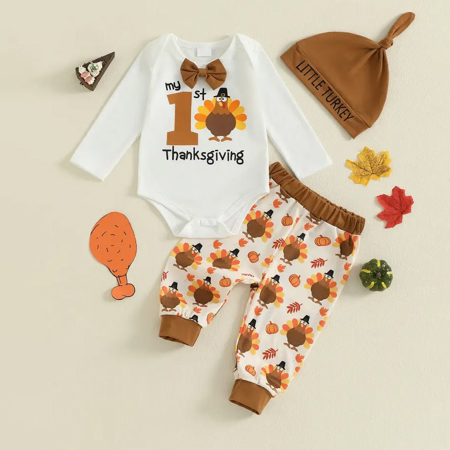 3PCS Cute My 1st Thanksgiving Letter Turkey Printed Baby Set