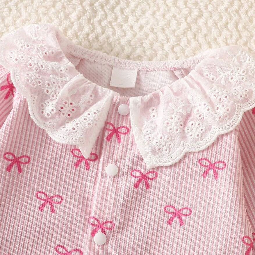 Sweet Bowknot Print Ruffle Long Sleeve Baby Jumpsuit