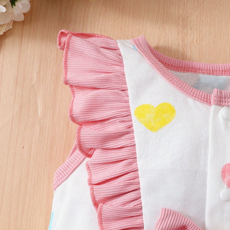 2PCS Cute Heart Printed Bow Decoration Sleeveless Baby Romper with Hat