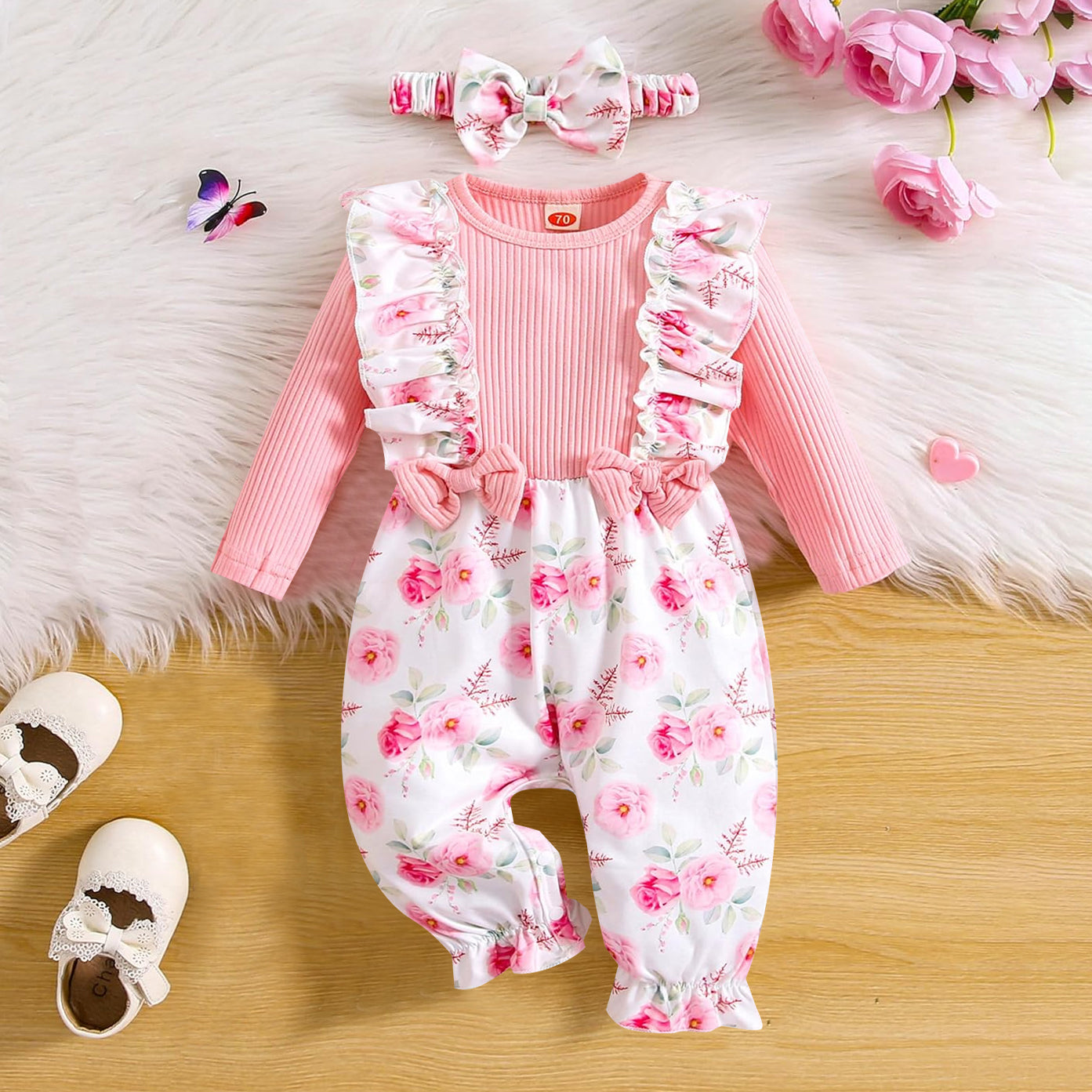 2PCS Sweet Floral Printed Long Sleeve Baby Jumpsuit