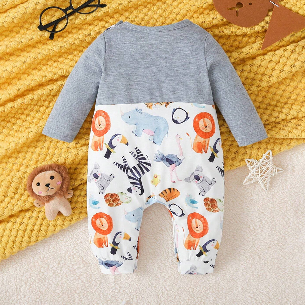 Adorable Animal Printed Fake Two Pieces Long Sleeve Baby Jumpsuit