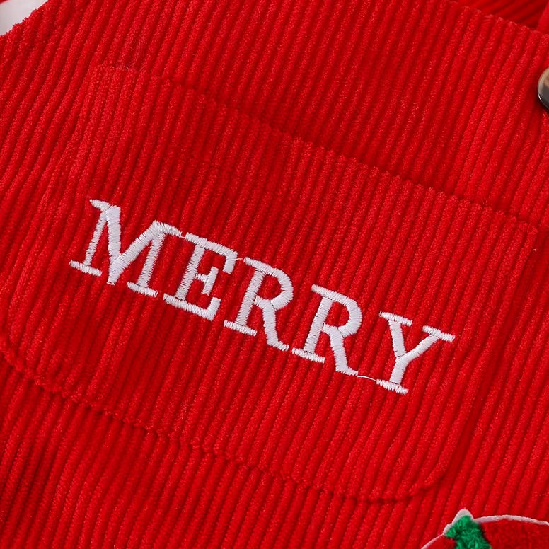 3PCS "MERRY" Embroidery Santa Applique Striped Baby Girl Overalls Set