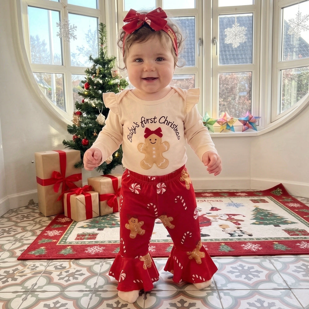 3PCS Baby's First Christmas Letter Gingerbread Man Print Long Sleeve Baby Set