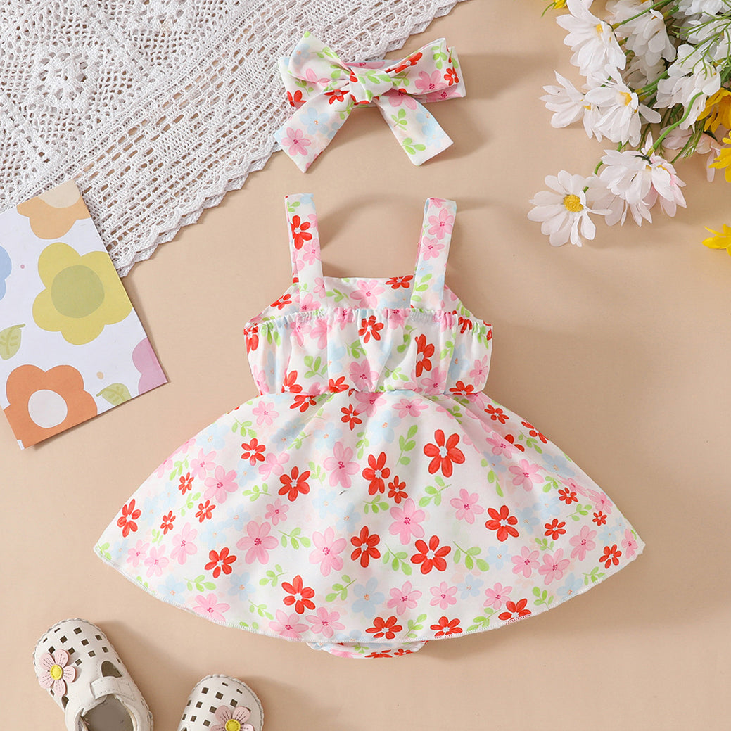 2PCS Pretty Floral Printed Bow Decoration Sleeveless Baby Romper