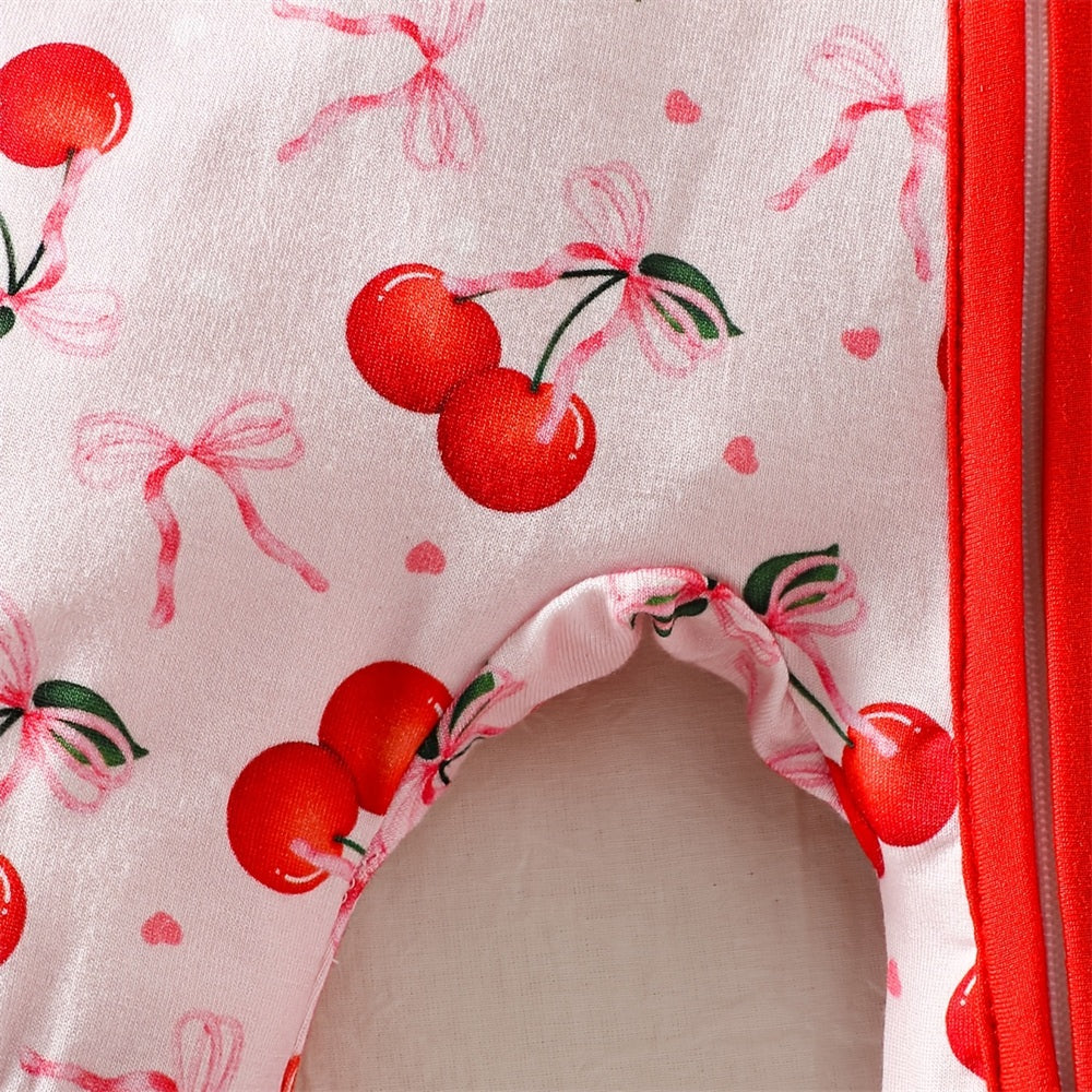 Vibrant Cherry Bow Printed Long Sleeve Zipper Baby Jumpsuit