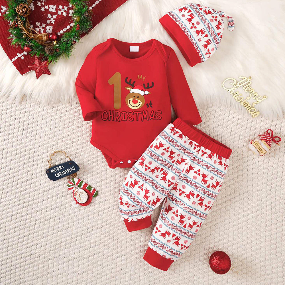 3PCS My 1st Christmas Letter Wapiti Print Long Sleeve Baby Set