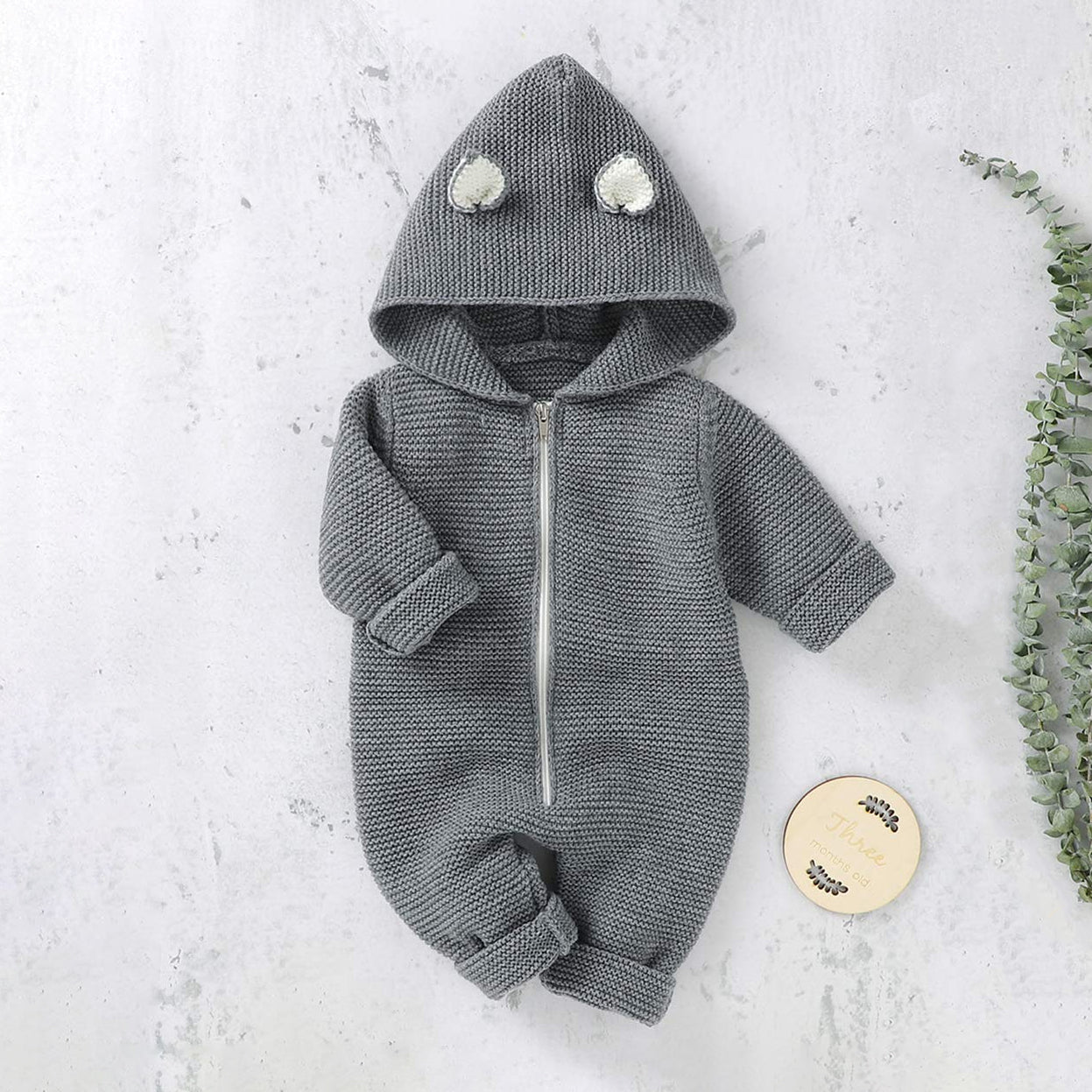 Cozy Solid Color Knitted Sweater Hooded Baby Jumpsuit