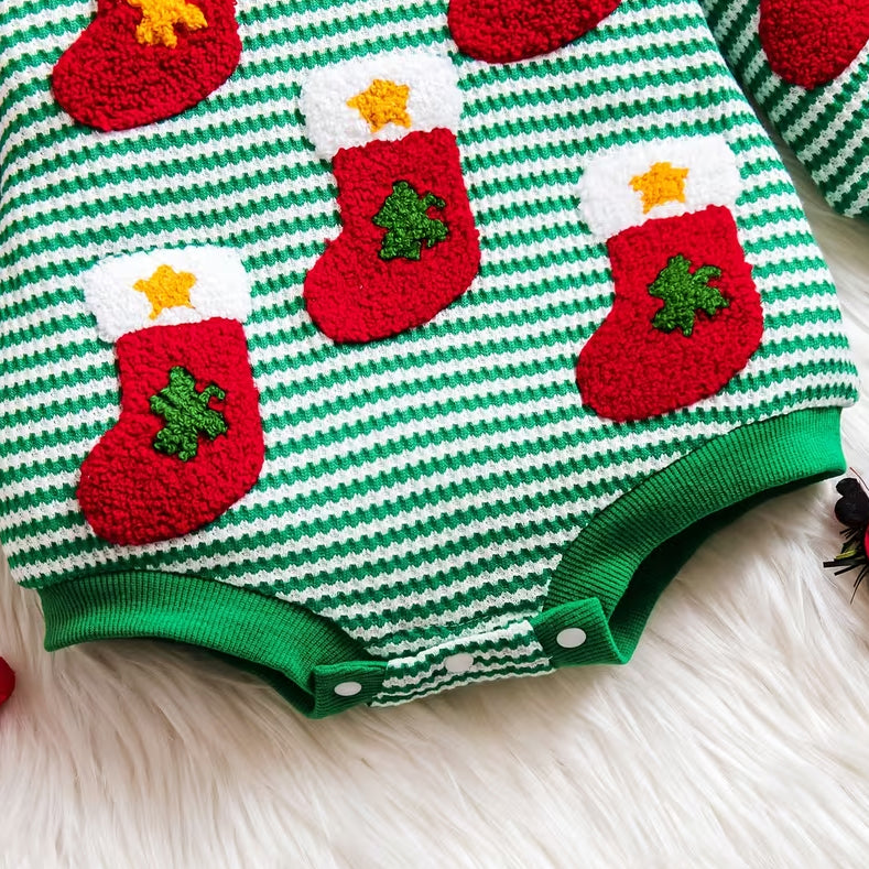 2PCS Lovely Christmas Sock Applique Striped Baby Girl Romper