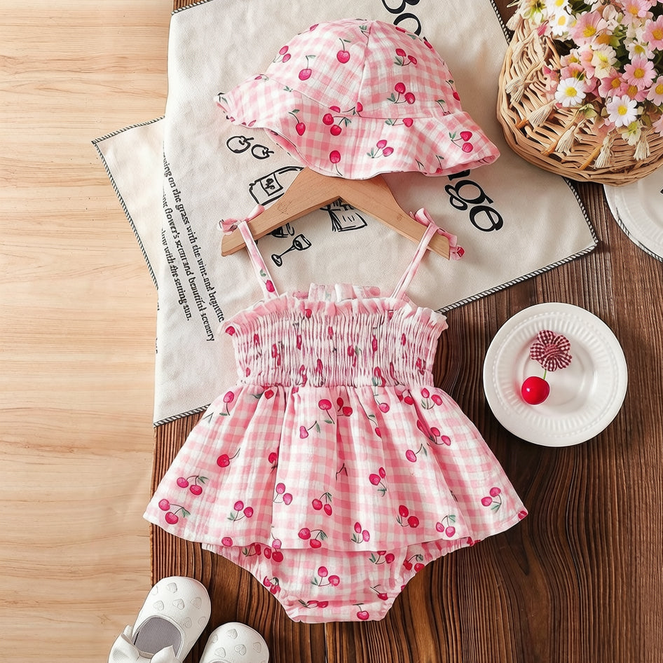 2PCS Lovely Cherry & Plaid Print Sleeveless Baby Romper