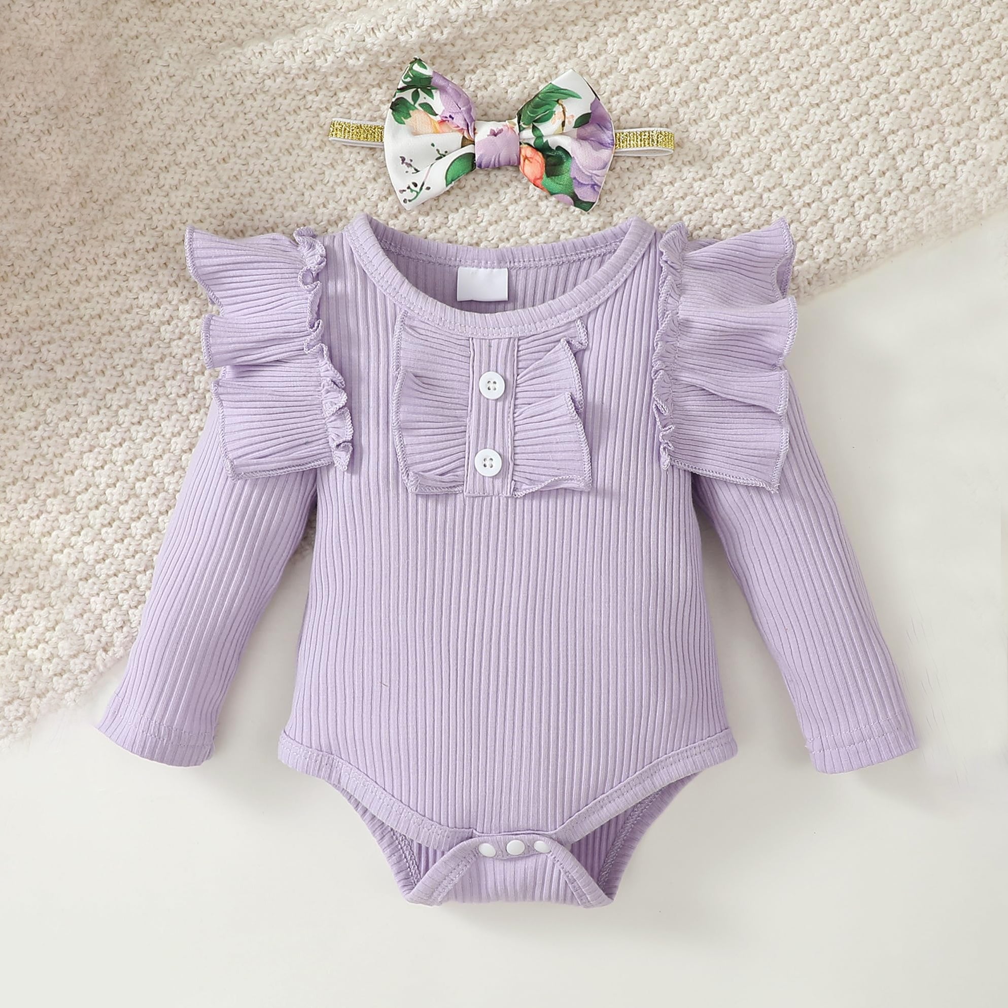 3PCS Trendy Floral Printed Bowknot Long Sleeve Baby Set