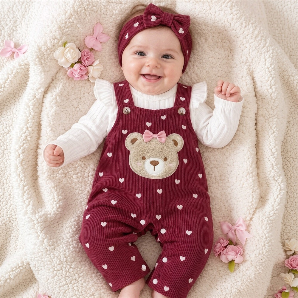 2PCS Bear Applique Heart Print Long Sleeve Corduroy Baby Overalls Set