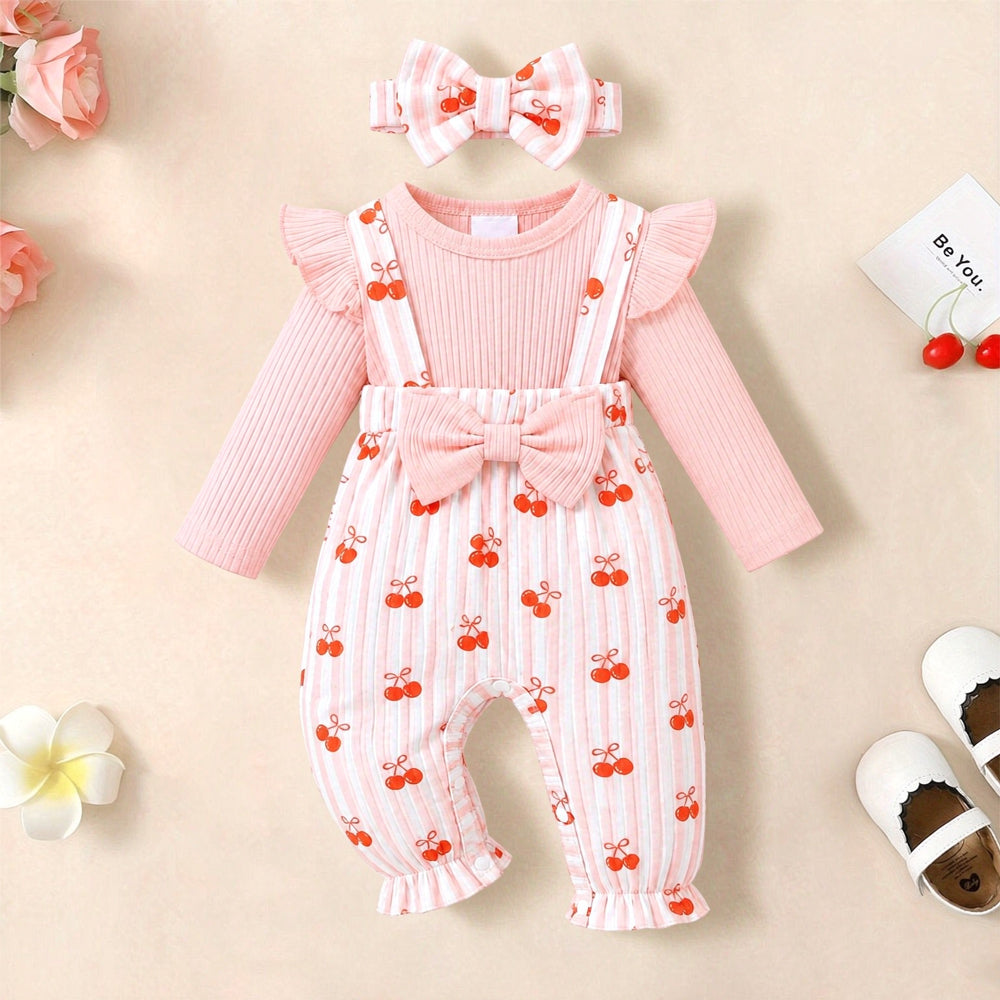 2PCS Sweet Cherry Stripe Print Faux Two Piece Baby Girl Jumpsuit