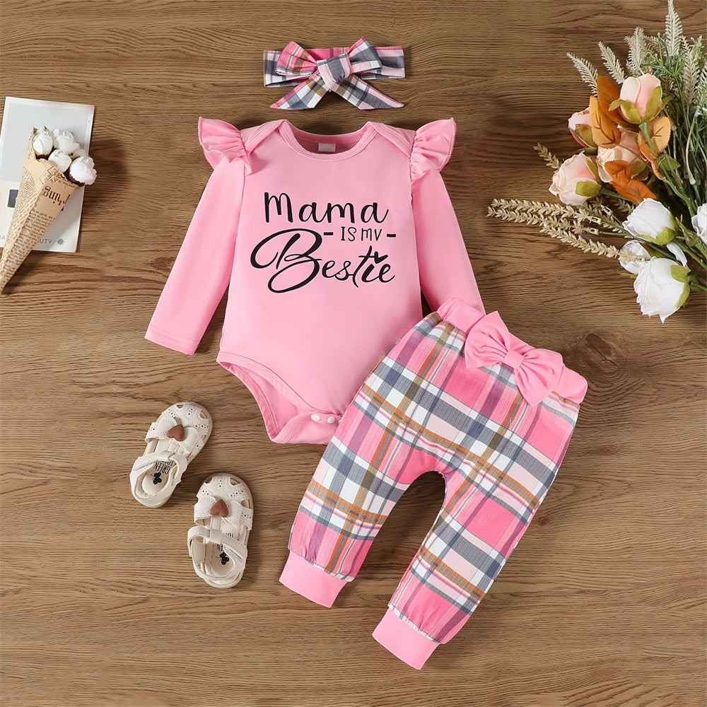 3PCS Mama Is My Bestie Letter Print Plaid Baby Set