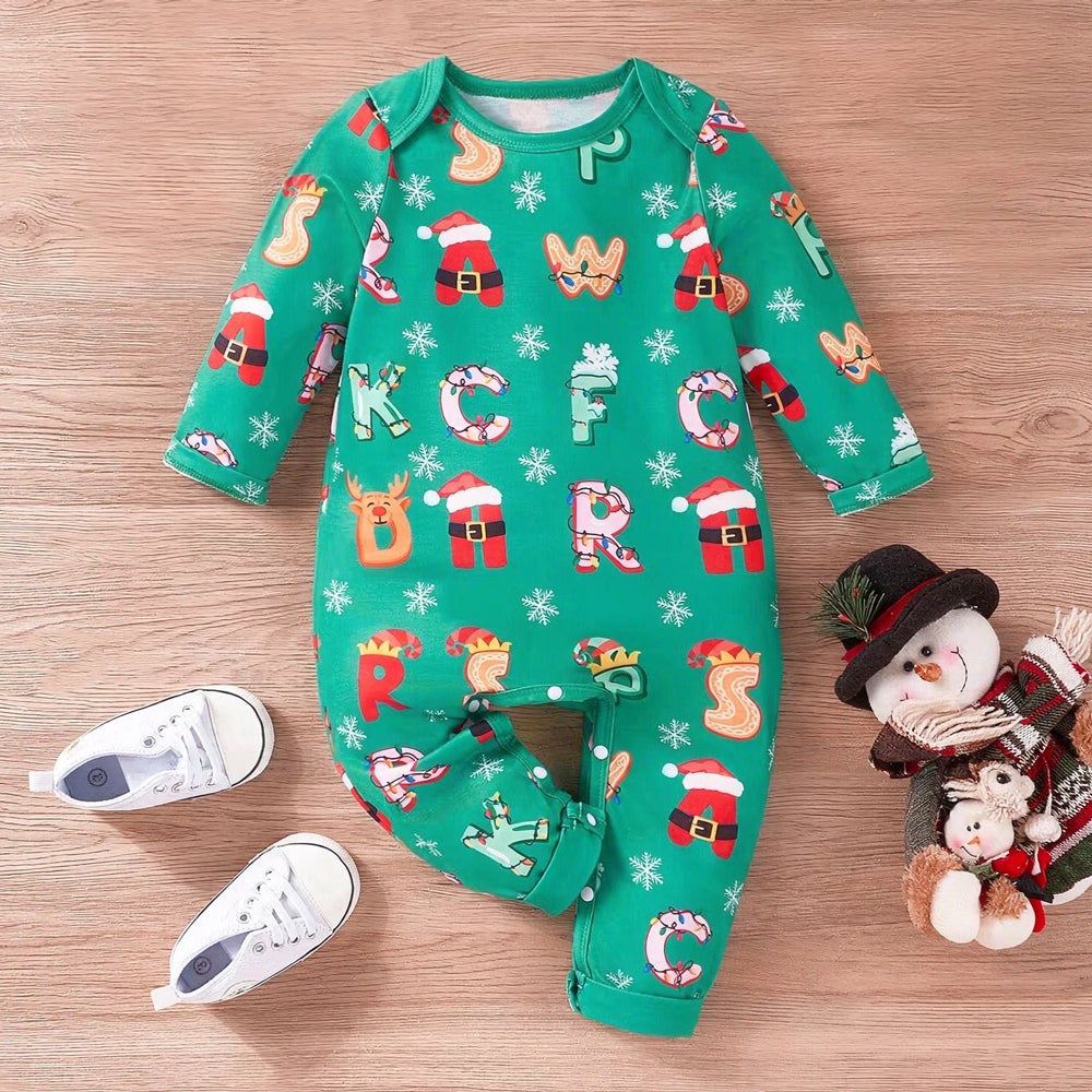 Lovely Cartoon Christmas Alphabet Print Long Sleeve Baby Jumpsuit