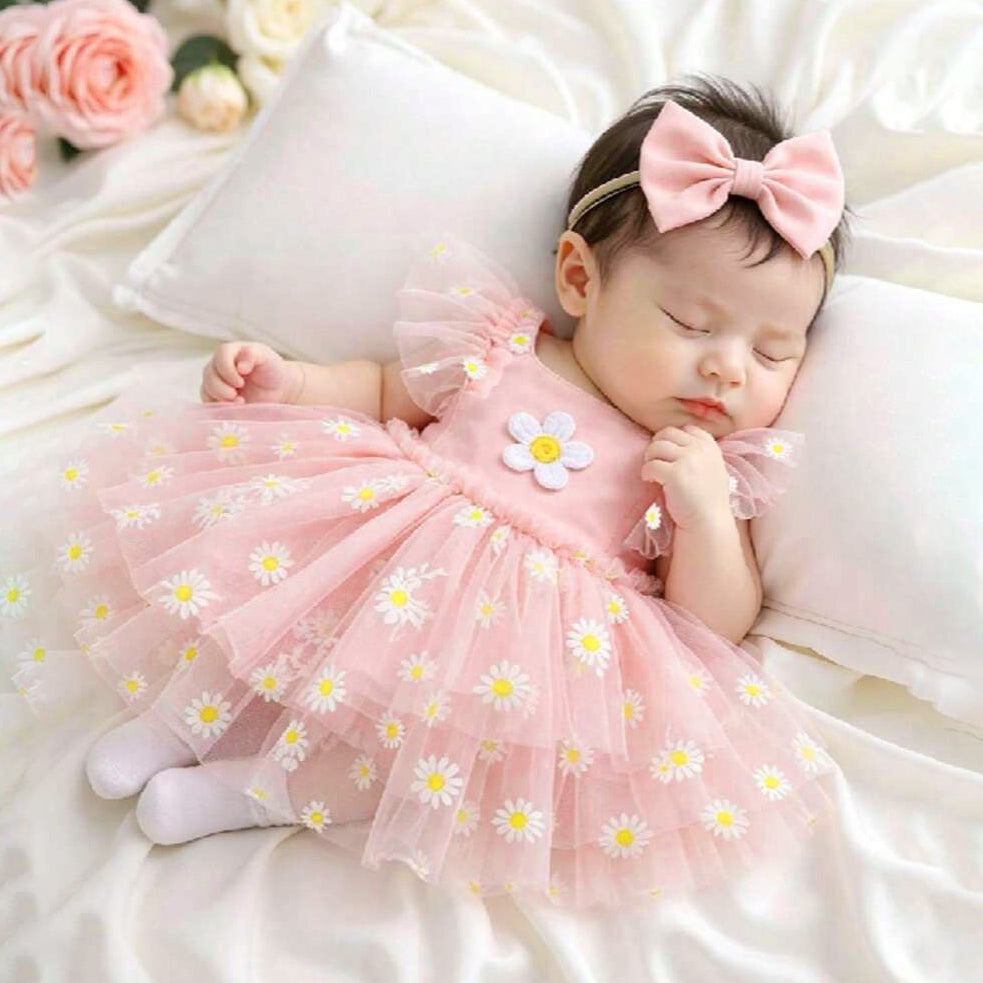 2PCS Floral Appliqué Daisy Print Tulle Flutter Sleeve Baby Romper