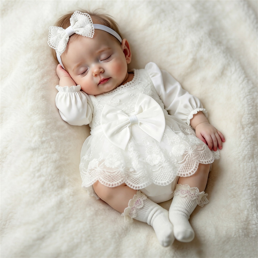 2PCS Gorgeous Solid Color Long Sleeve Floral Embroidery Baby Romper