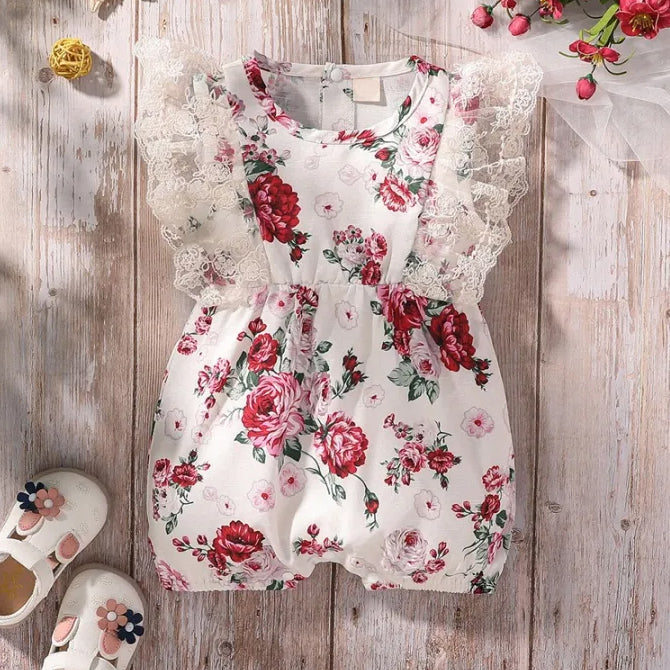 Gorgeous Floral Print Flutter Sleeve Baby Jumpsuit