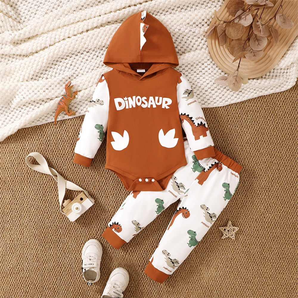 2PCS Casual Dinosaur Print Long Sleeve Baby Hooded Set