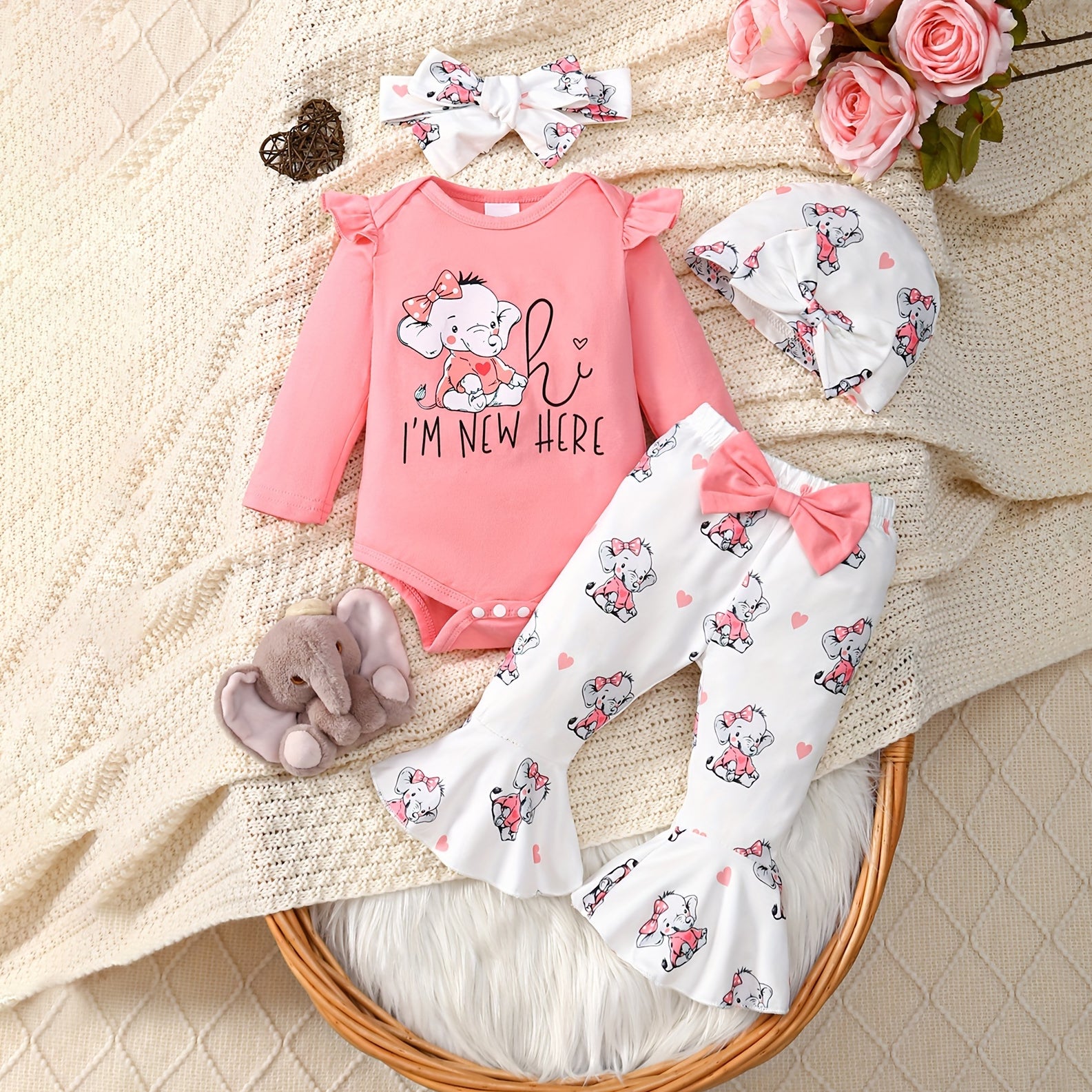 4PCS Hi I'm New Here Letter Elephant Printed Long Sleeve Baby Set