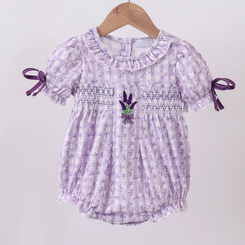 2PCS Comfy Lavender Plaid Printed Short Sleeve Baby Romper
