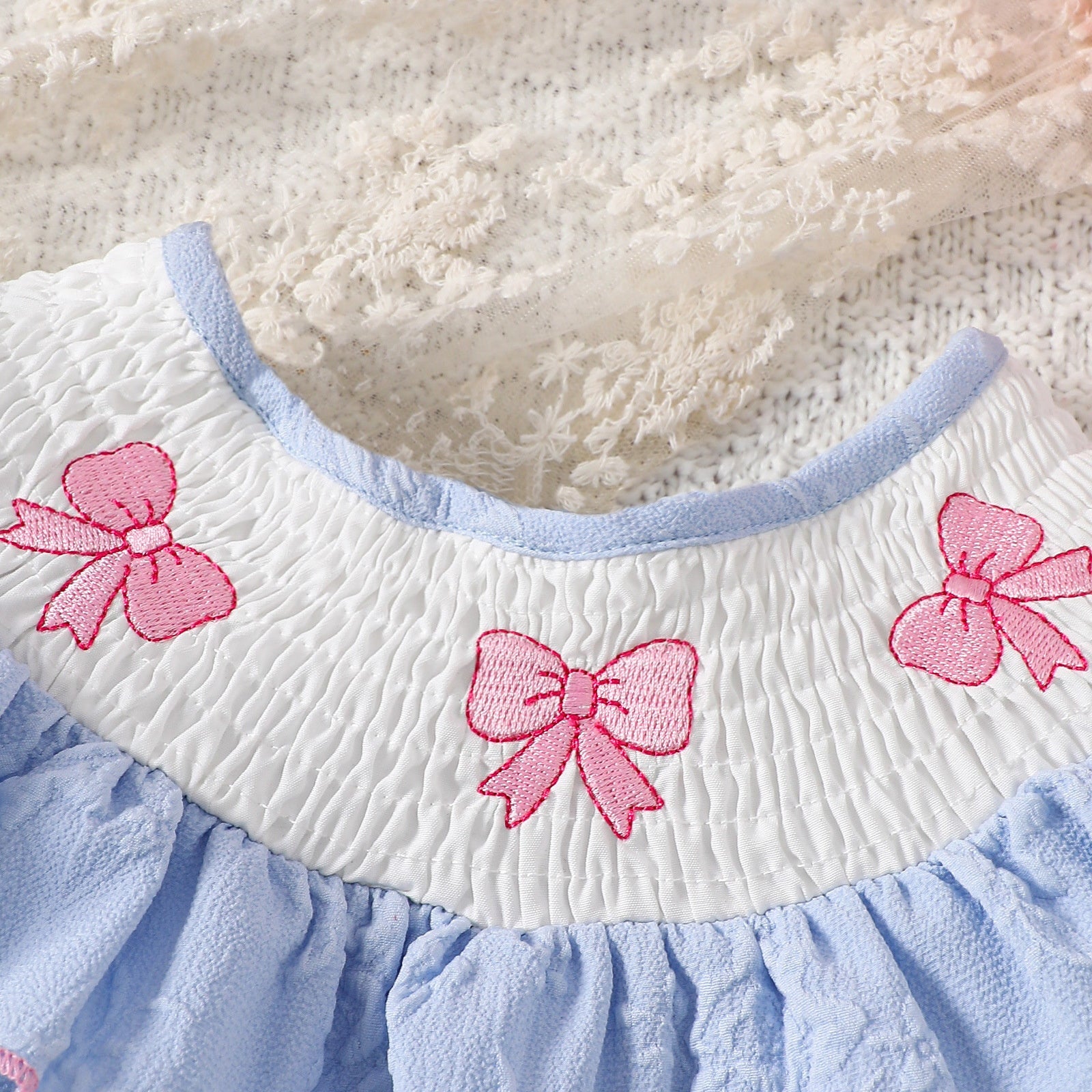 Sweet Floral Bow Embroidery Short Sleeve Baby Romper