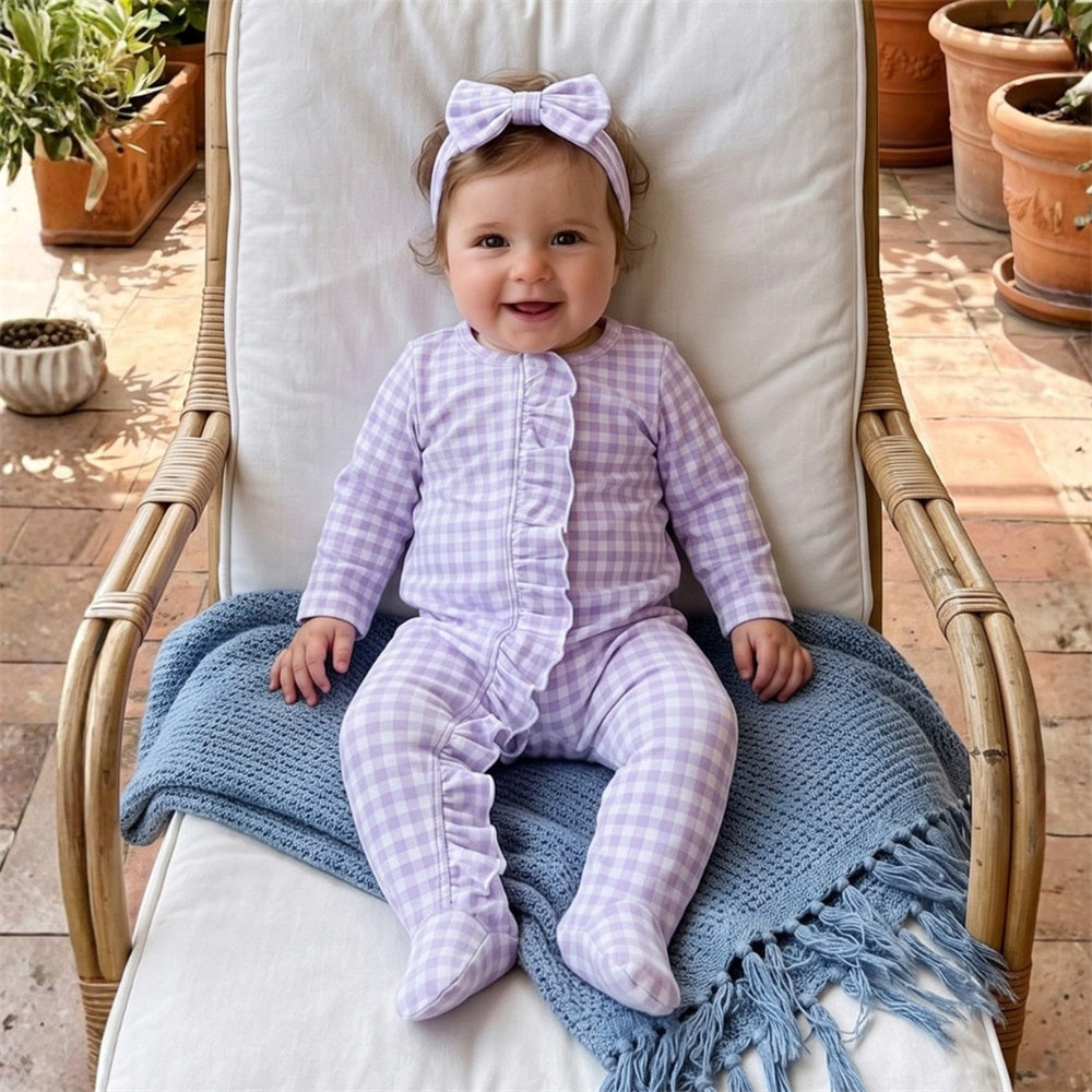 2PCS Casual Plaid Printed Long Sleeve Frill Trim Baby Jumpsuit