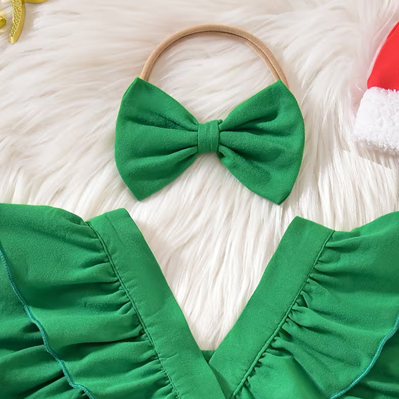 2PCS Green Red Elf Style with Striped Bloomer Flutter Sleeve Baby Romper