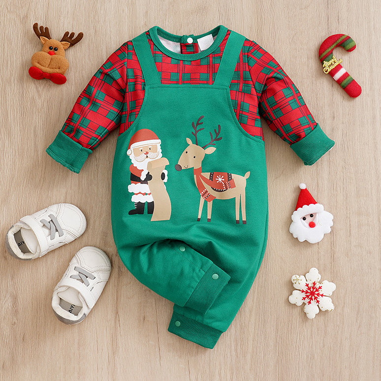 Lovely Santa Claus and Elk Printed Fake Two Pieces Long Sleeve Baby Jumpsuit