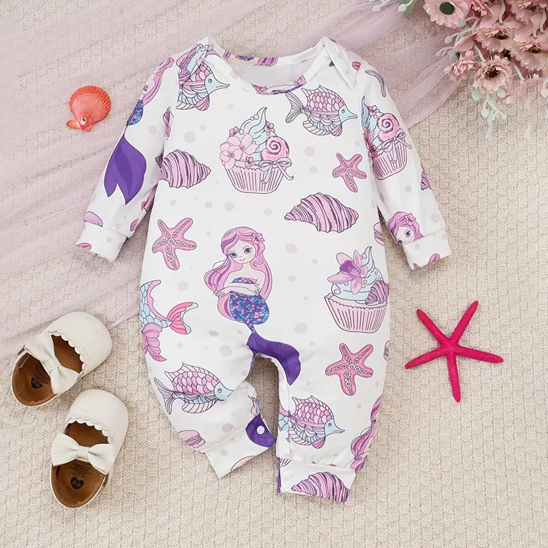 Elegant Mermaid Printed Long Sleeve Baby Jumpsuit