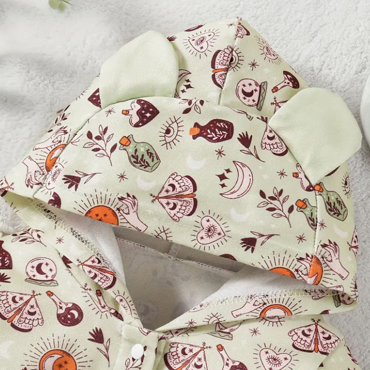Moon and Stars Print Long Sleeve Baby Hooded Jumpsuit
