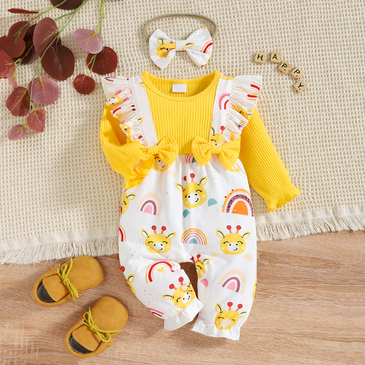 2PCS Sweet Giraffe Print Long Sleeve Baby Jumpsuit