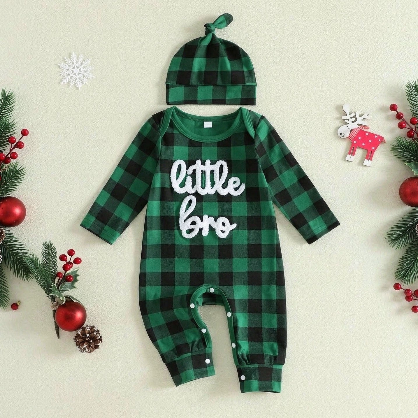 2PCS Little Bro Letter Plaid Printed Long Sleeve Baby Jumpsuit